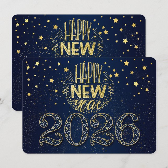 Navy Blue New Year 2026 with Golden Stars Holiday Card (Front/Back)