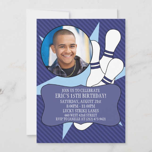 Navy Blue No Time To Spare Bowling Party Photo Invitation (Front)