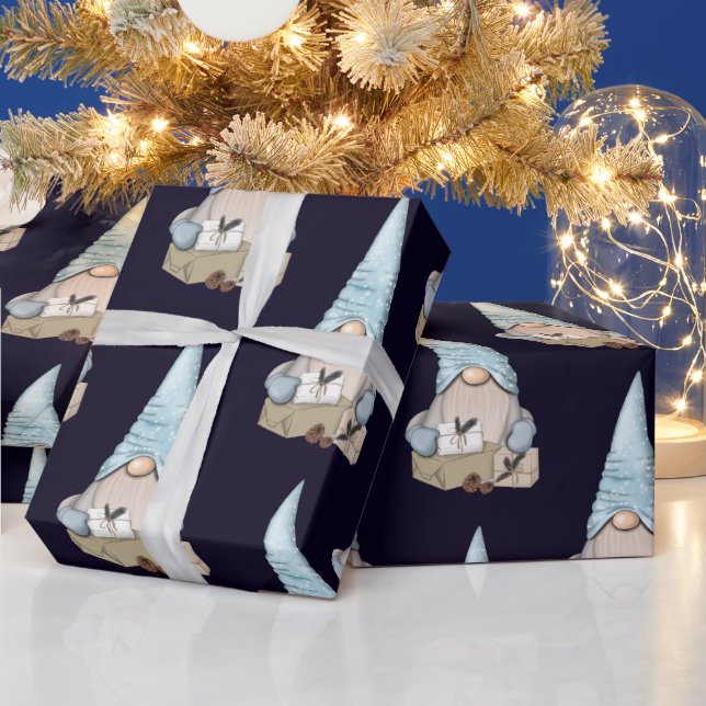 Navy Blue Nordic Snow Gnome Christmas Holiday Wrapping Paper (Holidays)