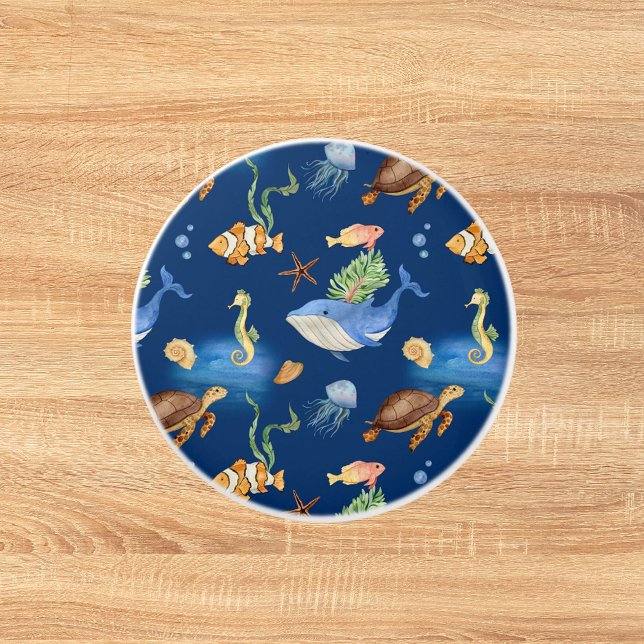 Navy blue ocean animals whales turtles ceramic knob (Creator Uploaded)