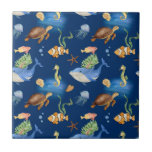 Navy blue ocean animals whales turtles tile<br><div class="desc">Under the sea theme. A navy blue background,  and a pattern with whales,  turtles and fish</div>