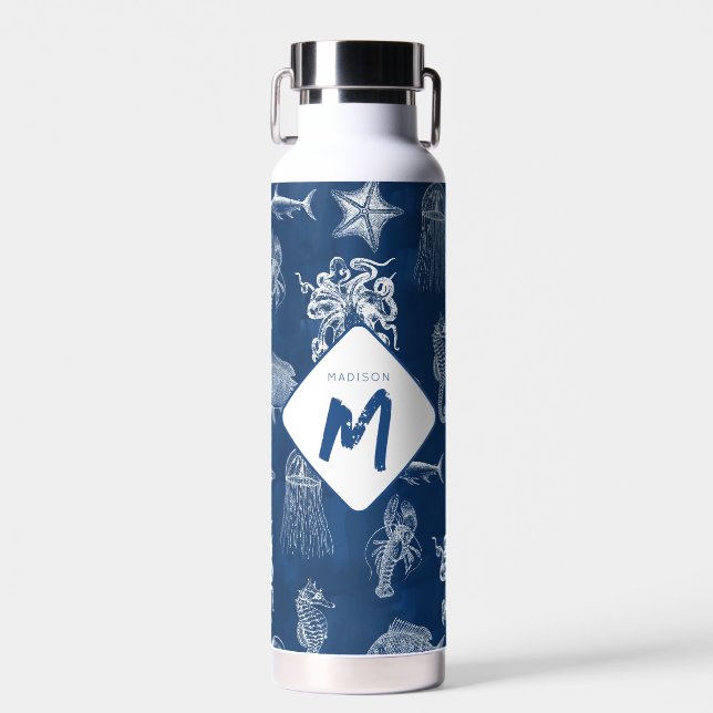Navy Blue Ocean Marine Animals Monogram Water Bottle (Front)