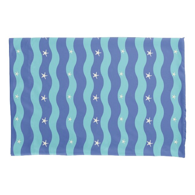 Navy Blue Ocean Waves & Starfish Seamless Pattern Pillowcase (Front)