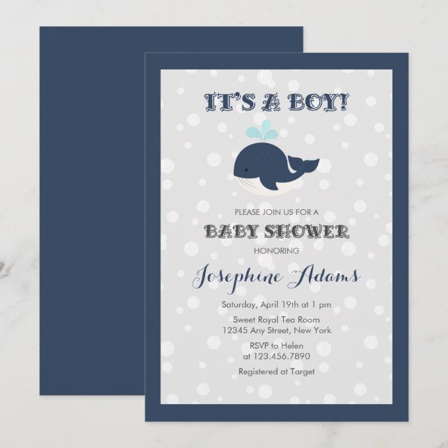 Navy Blue Ocean Whale Baby Shower Invitation (Front/Back)