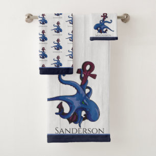  Navy Blue Octopus Coastal White Wood  Nautical Ba Bath Towel Set