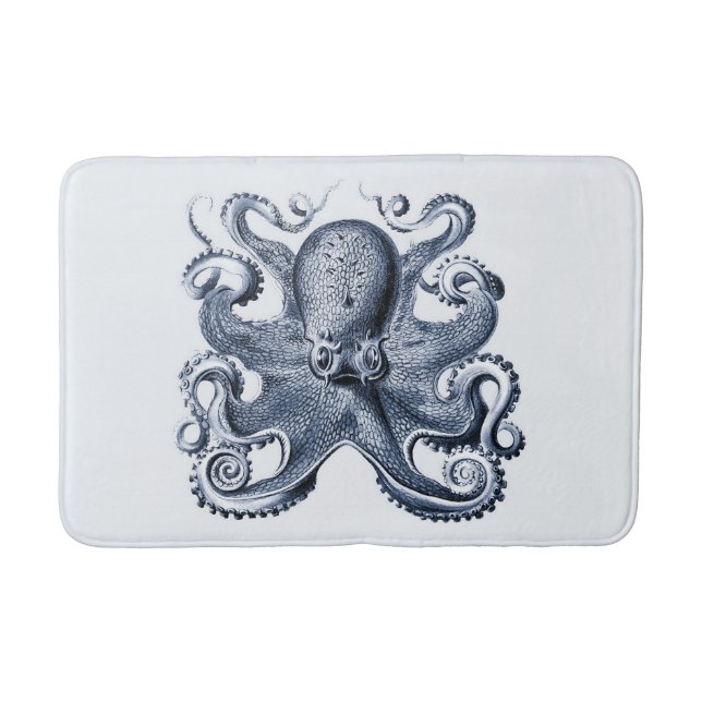 Navy Blue Octopus illustration by Ernst Haeckel Bath Mat (Front)