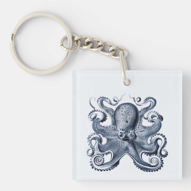 Navy Blue Octopus illustration by Ernst Haeckel Key Ring (Front)