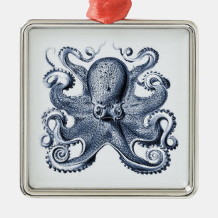 Navy Blue Octopus illustration by Ernst Haeckel Metal Tree Decoration