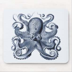 Navy Blue Octopus illustration by Ernst Haeckel Mouse Mat