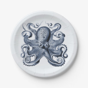 Navy Blue Octopus illustration by Ernst Haeckel Paper Plate