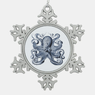 Navy Blue Octopus illustration by Ernst Haeckel Snowflake Pewter Christmas Ornament