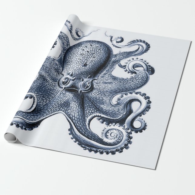 Navy Blue Octopus illustration by Ernst Haeckel Wrapping Paper (Unrolled)