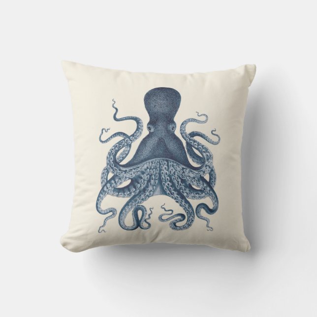 Navy Blue Octopus Illustration on Cream Cushion (Front)