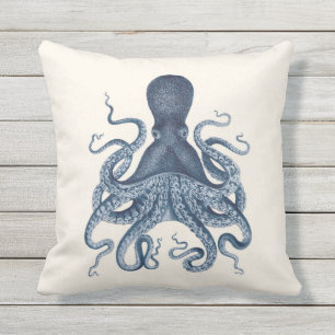Navy Blue Octopus Illustration on Cream Cushion