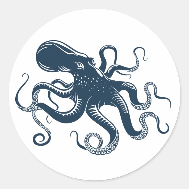 Navy blue octopus nautical illustration classic round sticker (Front)