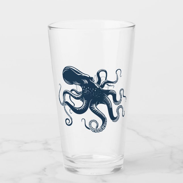 Navy blue octopus nautical illustration glass (Front)
