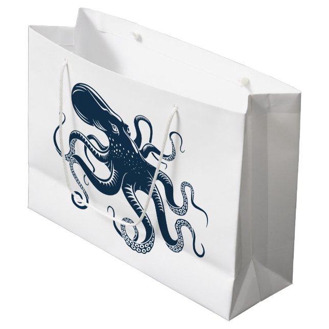 Navy blue octopus nautical illustration large gift bag (Front Angled)