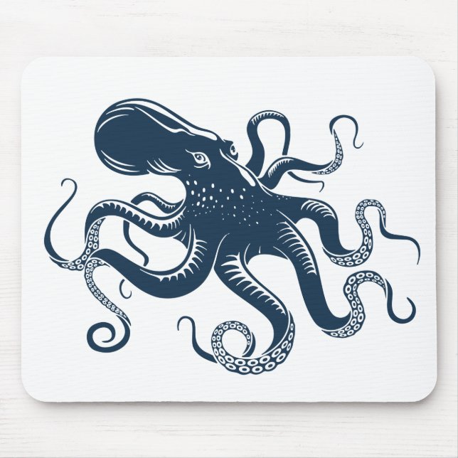 Navy blue octopus nautical illustration mouse mat (Front)