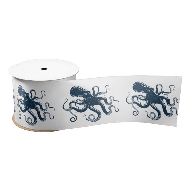 Navy blue octopus nautical illustration satin ribbon (Spool)