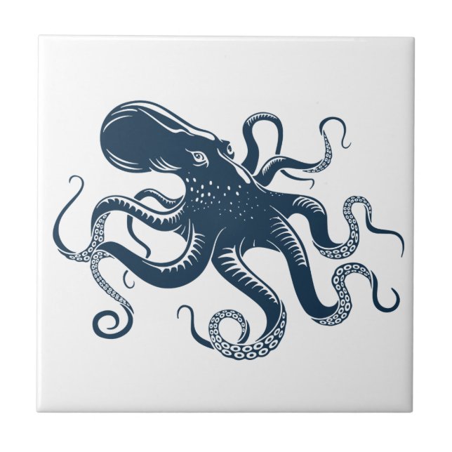 Navy blue octopus nautical illustration tile (Front)