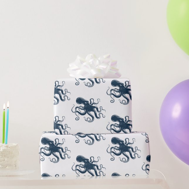 Navy blue octopus nautical illustration wrapping paper (Party Gifts)
