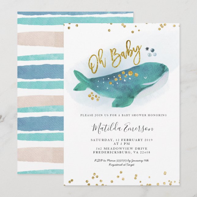 Navy Blue Oh Baby Whale Baby Shower Invitation (Front/Back)
