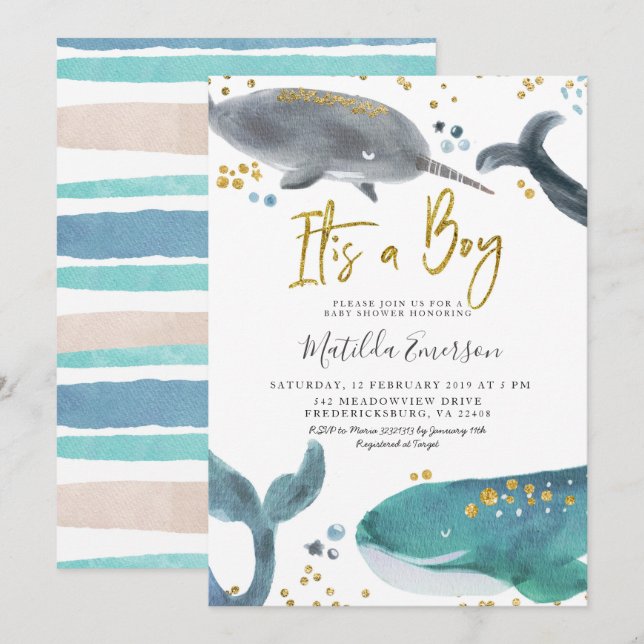 Navy Blue Oh Baby Whale Baby Shower Invitation (Front/Back)