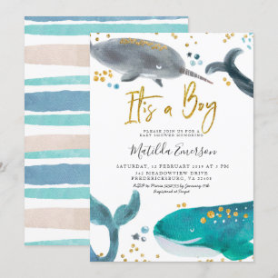 Navy Blue Oh Baby Whale Baby Shower Invitation