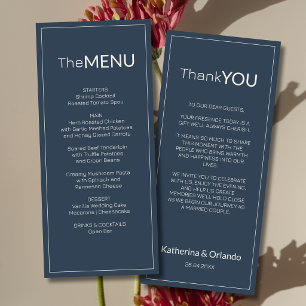Navy Blue Old Money Wedding Menu Thank You Note