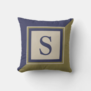 Navy Blue Olive Green Tan Large Monogram Cushion