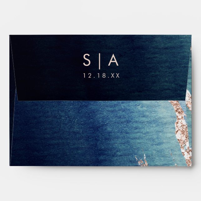 Navy Blue Ombre Agate & Rose Gold Wedding Monogram Envelopes (Back (Top Flap))