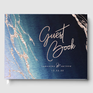 Navy Blue Ombre Agate & Rose Gold Wedding Monogram Guest Book