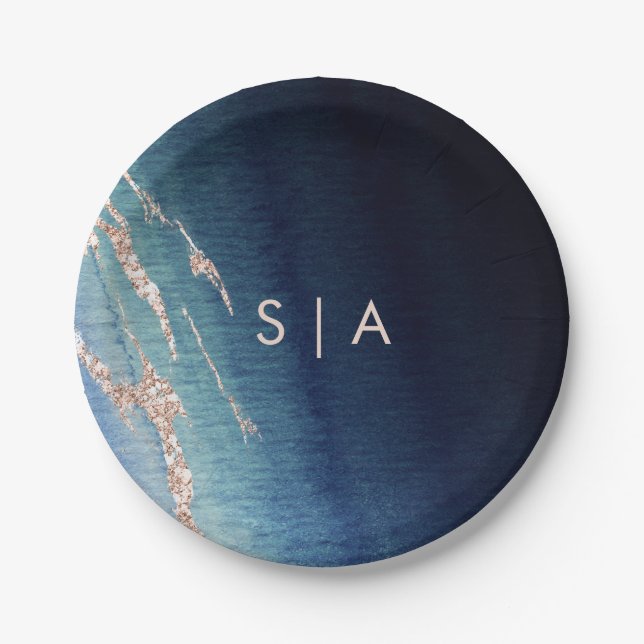 Navy Blue Ombre Agate & Rose Gold Wedding Monogram Paper Plate (Front)