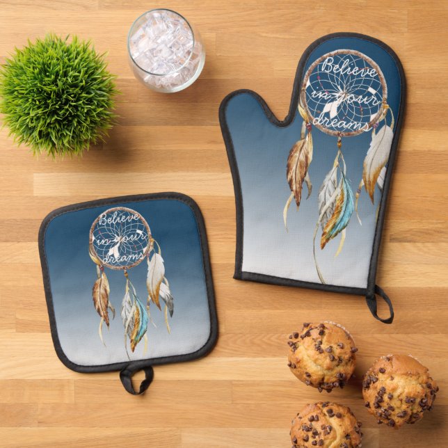 Navy Blue Ombre Dream catcher  Oven Mitt & Pot Holder Set (Top Down)