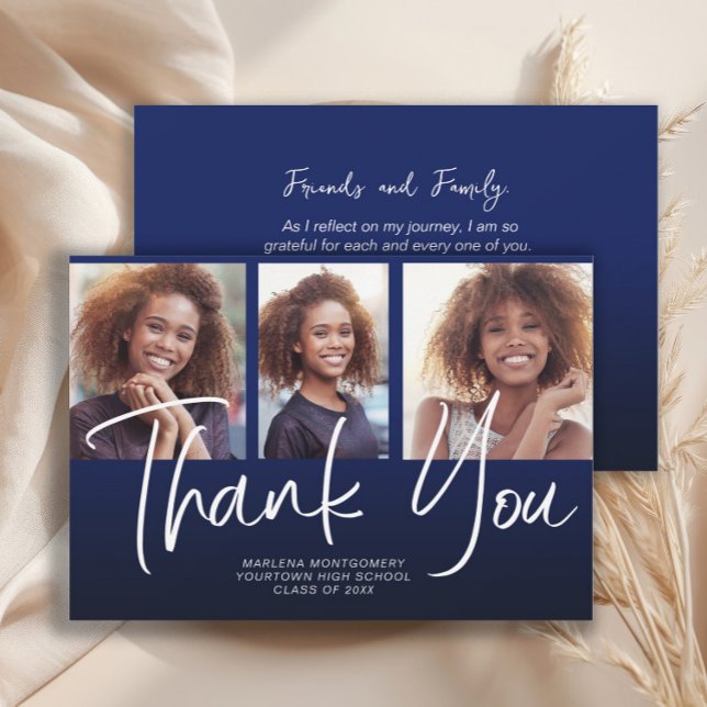 Navy Blue Ombre' Graduation 3 Photo Thank You  (Navy blue 3-photo graduation "Thank you" card)