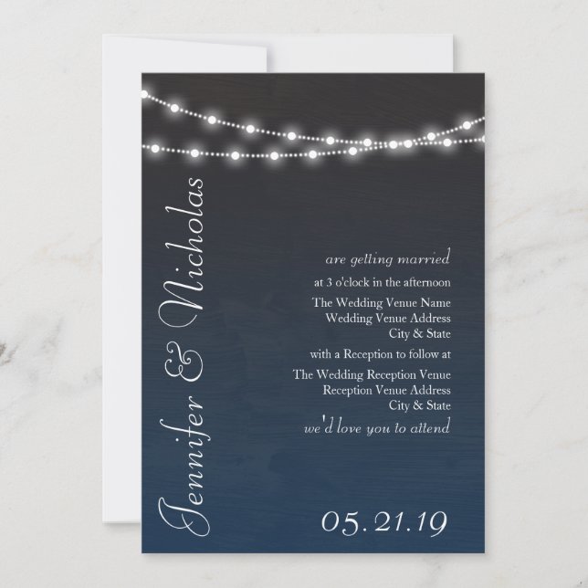 Navy Blue Ombre Lights Typography Wedding Invites (Front)