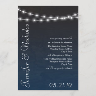 Navy Blue Ombre Lights Typography Wedding Invites