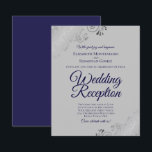 Navy Blue on Grey BUDGET Wedding Reception Invite<br><div class="desc">These affordable, budget friendly wedding reception invitations are the perfect choice for class, style, and beauty on a budget. Designed for guests who are invited to the reception but not the ceremony, they feature a classy grey or grey background with ornate silver faux foil lace frills in the corners. The...</div>