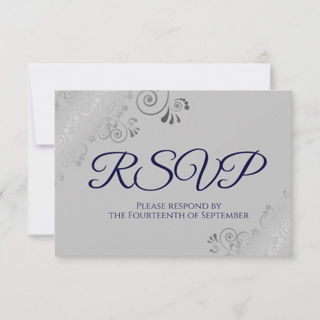 Navy Blue on Grey Elegant Silver Curls Wedding RSVP Card (Front)