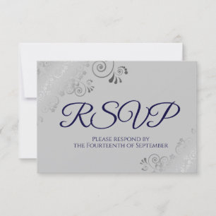 Navy Blue on Grey Elegant Silver Curls Wedding RSVP Card