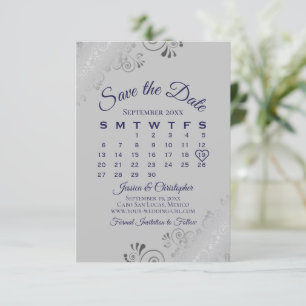 Navy Blue on Grey Silver Curls Wedding Calendar Save The Date