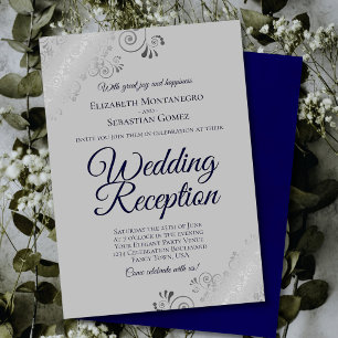 Navy Blue on Grey Silver Frills Wedding Reception Invitation