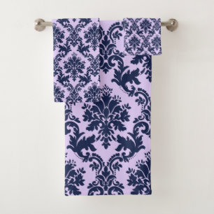 Navy blue on lavender vintage floral damasks bath towel set