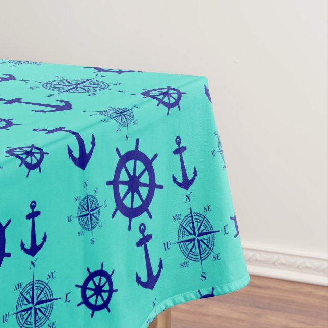 Navy Blue On Turquoise Nautical Pattern Tablecloth (In Situ)