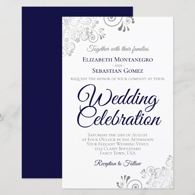 Navy Blue on White BUDGET Wedding Invite Large (Front/Back)
