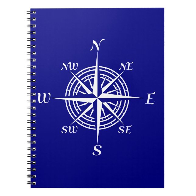 Navy Blue On White Coastal Compass Rose Notebook (Front)