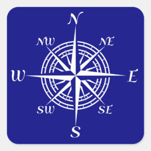 Navy Blue On White Coastal Compass Rose Square Sticker