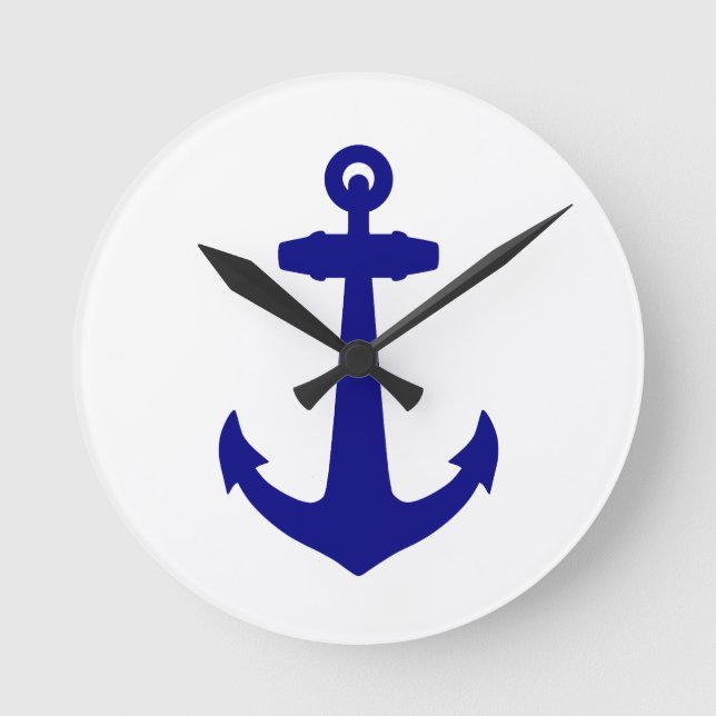 Navy Blue On White Coastal Decor Anchor Round Clock (Front)