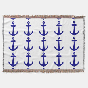 Navy Blue On White Coastal Decor Anchor Throw Blanket