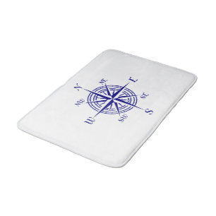 Navy Blue On White Coastal Decor Compass Rose Bath Mat